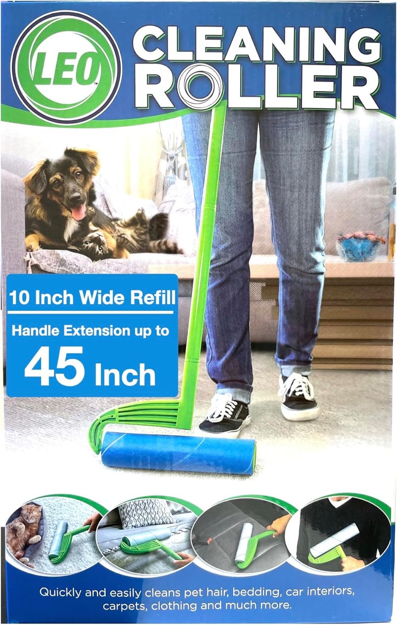 Leo MegaClean 10-Inch Wide Lint Roller Refills 25 Sheets with extendable Handle to 45 inch for Lint Remover Household Cleaning Easily Remove Pet Hair Dust and Debris from Floors Carpets and Furniture - Image 1