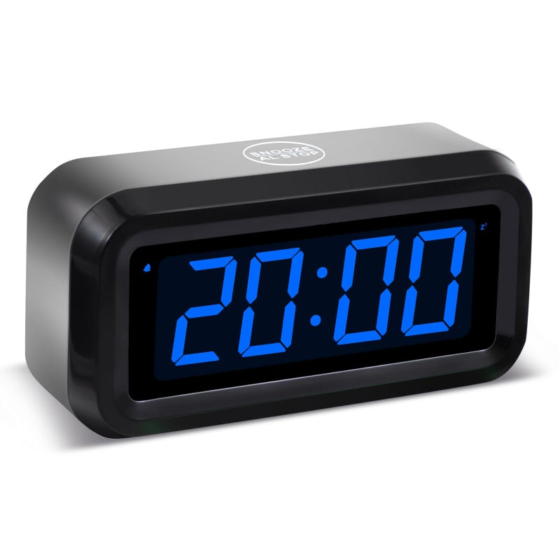 Timegyro Digital Alarm Clock Battery Operated with LED Display for Bedrooms Long Battery Life 3 Brightness Adjustable 1224 Hour Snooze Black Case with Blue Digits
