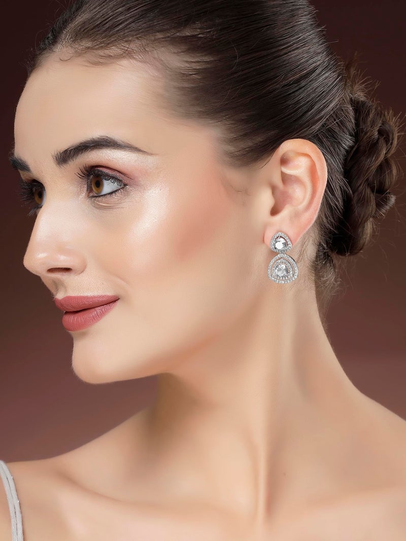 Karatcart Elegant Silver-Tone Teardrop White American Diamond Drop Earrings for Women - Image 3