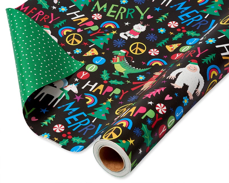 American Greetings 175 sq ft Reversible Black Christmas Wrapping Paper For Kids Dinosaurs Yetis and Unicorns 1 Jumbo Roll 30 in x 70 ft
