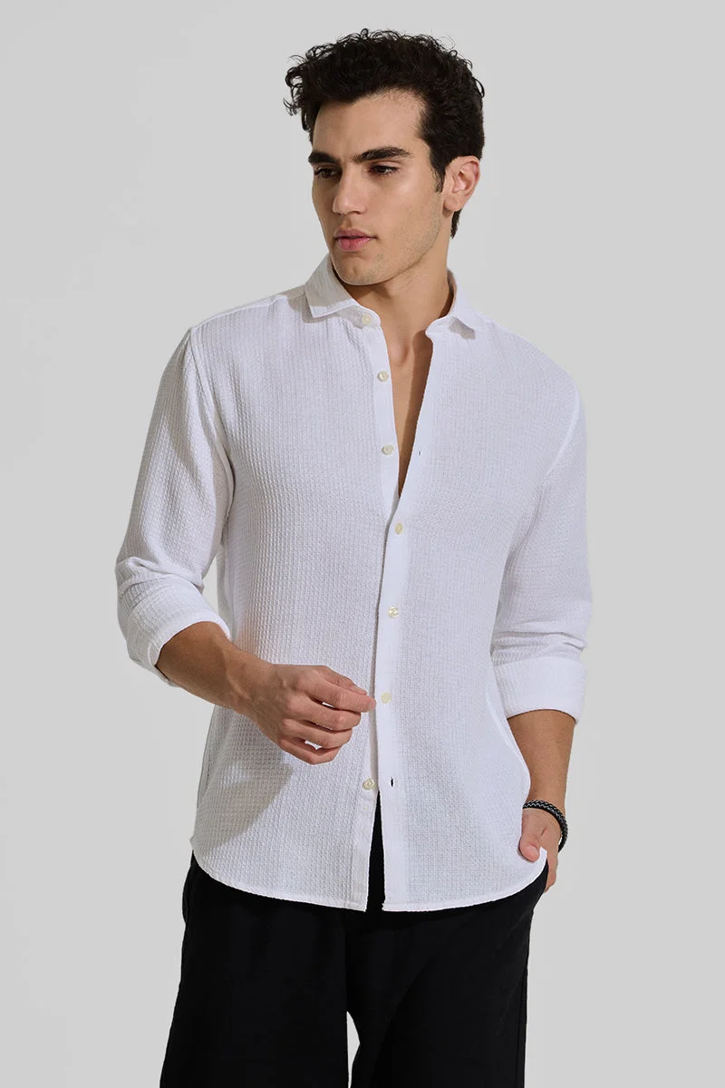 سنيتش White Textured Long Sleeve Slim Fit Casual Shirt