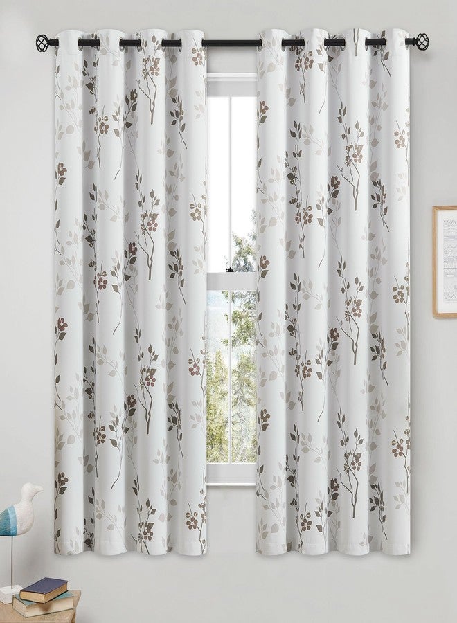 Beauoop Floral 100% Blackout Curtains 63 Inch Length 2 Panels for Bedroom Living Room Tan Brown and White Flower Patterned Room Darkening Thermal Soundproof Grommet Window Treatments Drapes, 52X63 - Image 1