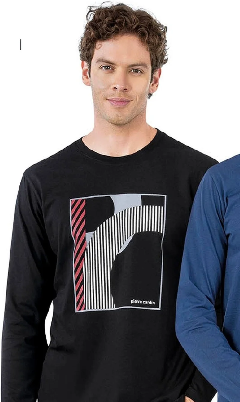 pierre cardin 6060 Men's Long Sleeve Crew Neck Pajama Set-Black