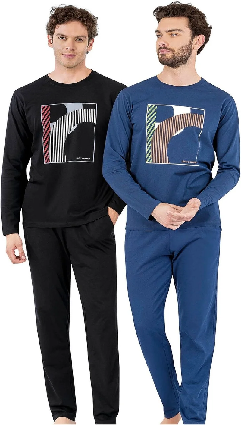 pierre cardin 6060 Men's Long Sleeve Crew Neck Pajama Set-Black