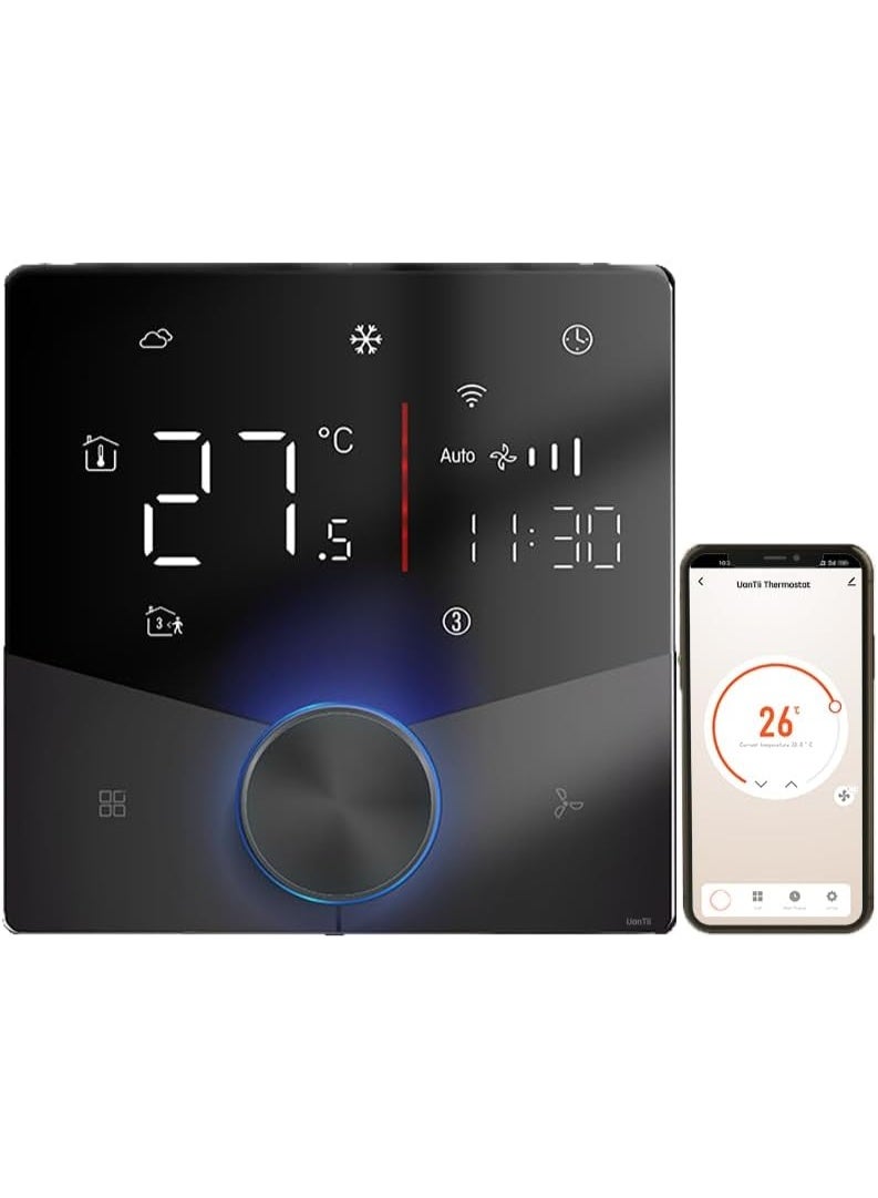UanTii Smart Thermostat Tuya Wifi Central AC Thermostat 2 Pipe, Smart Knob HVAC Fan Coil Smart Temperature Controller App and Voice Control (Black 240V) - Image 1
