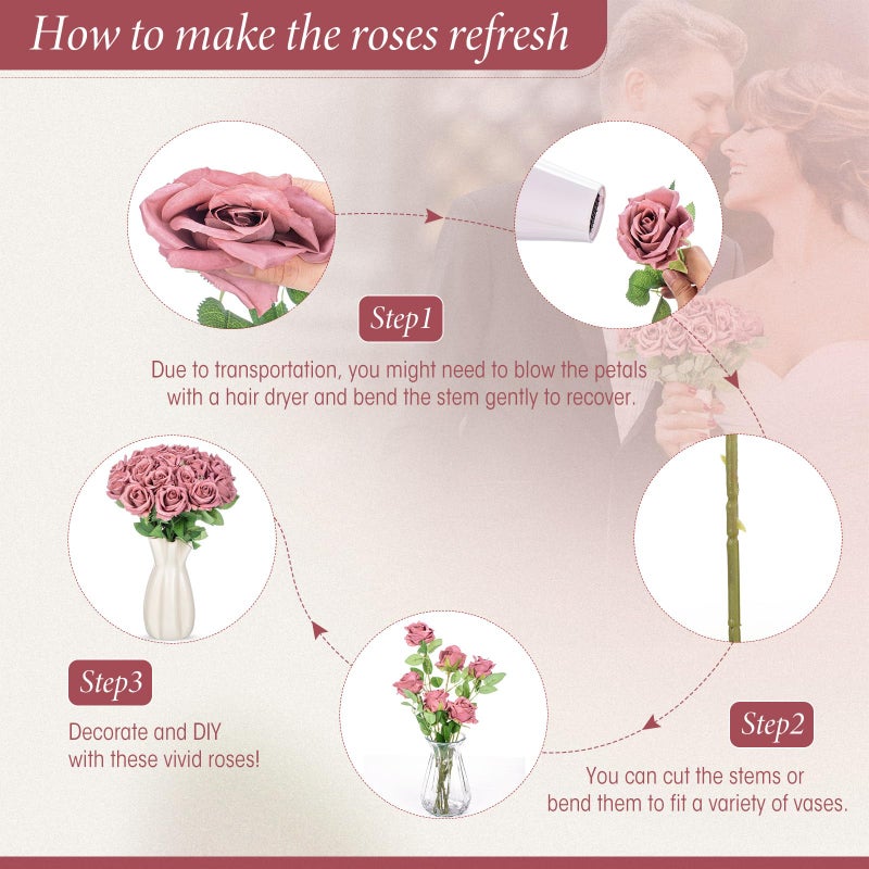 Hotop 40 Pcs Rose Artificial Flowers Bulk with Long Stem,Realistic Silk Fake Roses Bouquet for Home Wedding Centerpieces Party Table Decoration Valentines Gifts(Dusty) - Image 3