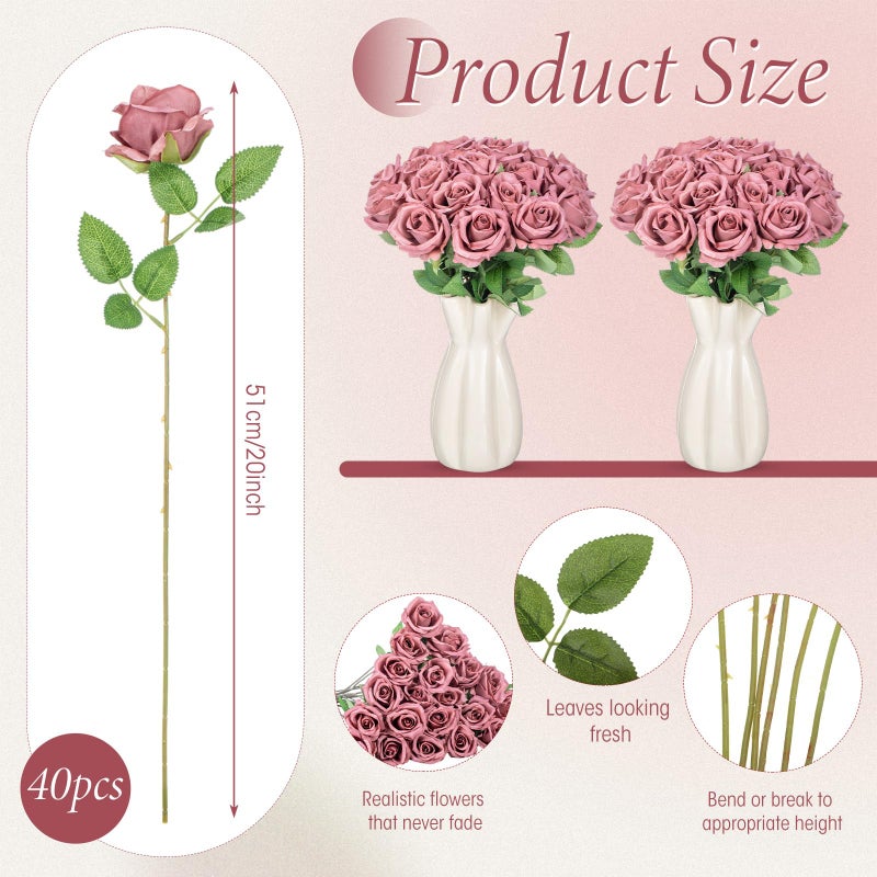Hotop 40 Pcs Rose Artificial Flowers Bulk with Long Stem,Realistic Silk Fake Roses Bouquet for Home Wedding Centerpieces Party Table Decoration Valentines Gifts(Dusty) - Image 2