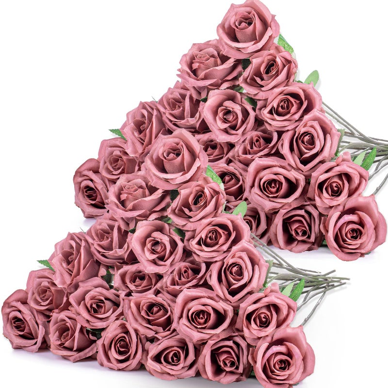 Hotop 40 Pcs Rose Artificial Flowers Bulk with Long Stem,Realistic Silk Fake Roses Bouquet for Home Wedding Centerpieces Party Table Decoration Valentines Gifts(Dusty) - Image 1