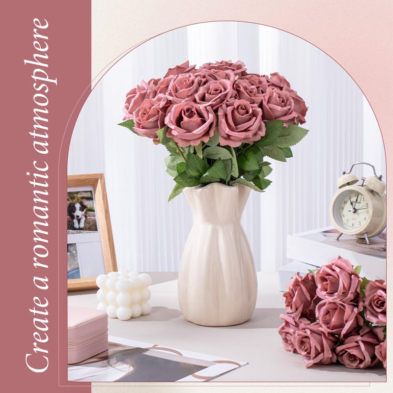 Hotop 40 Pcs Rose Artificial Flowers Bulk with Long Stem,Realistic Silk Fake Roses Bouquet for Home Wedding Centerpieces Party Table Decoration Valentines Gifts(Dusty) - Image 4