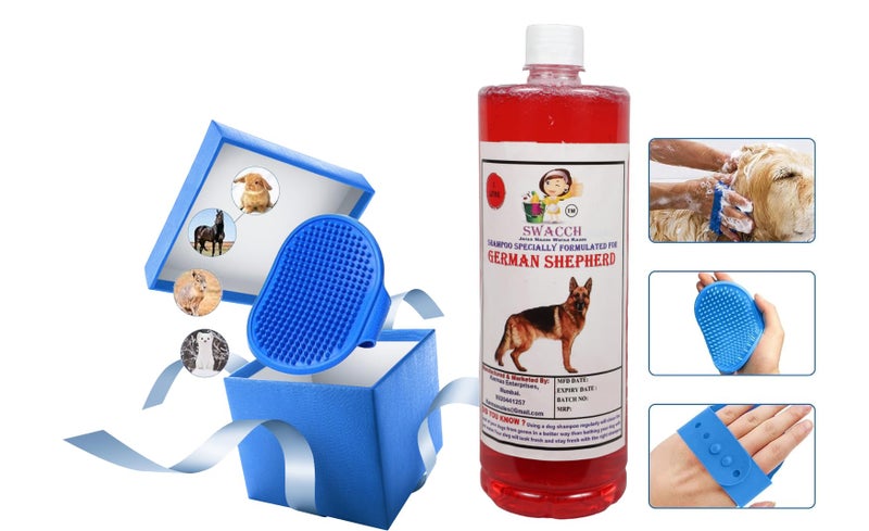 swacch Shampoo | Puppy Safe Shampoo | German Shepherd Dog Shampoo 1 Litre Strawberry + | Rubber Bath Brush with Adjustable Straps | Pet Massage | Soothing Bristles Hand Brush I Combo Pack - Image 2