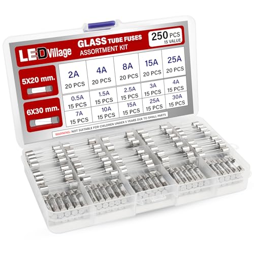 Ledvillage 250 Pcs Ledvillage Glass Tube Fuse Assorted Kit 5x20mm 6x30mm FastBlow Fuses 2A30A Ideal for Electronics Appliances Automotive and DIY Repairs - Image 1