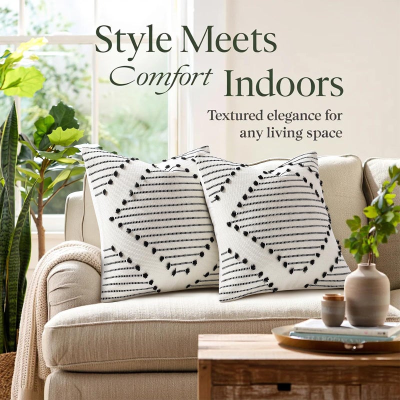 Mecatny Boho Summer Outdoor Throw Pillow Covers 18X18 Set of 2, Farmhouse Decorative Pillow Covers for Couch Sofa Living Room, Black & Cream White - Image 2