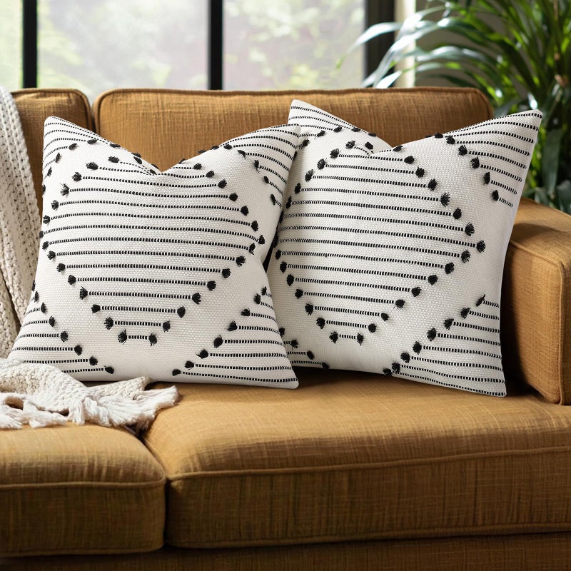 Mecatny Boho Summer Outdoor Throw Pillow Covers 18X18 Set of 2, Farmhouse Decorative Pillow Covers for Couch Sofa Living Room, Black & Cream White - Image 1