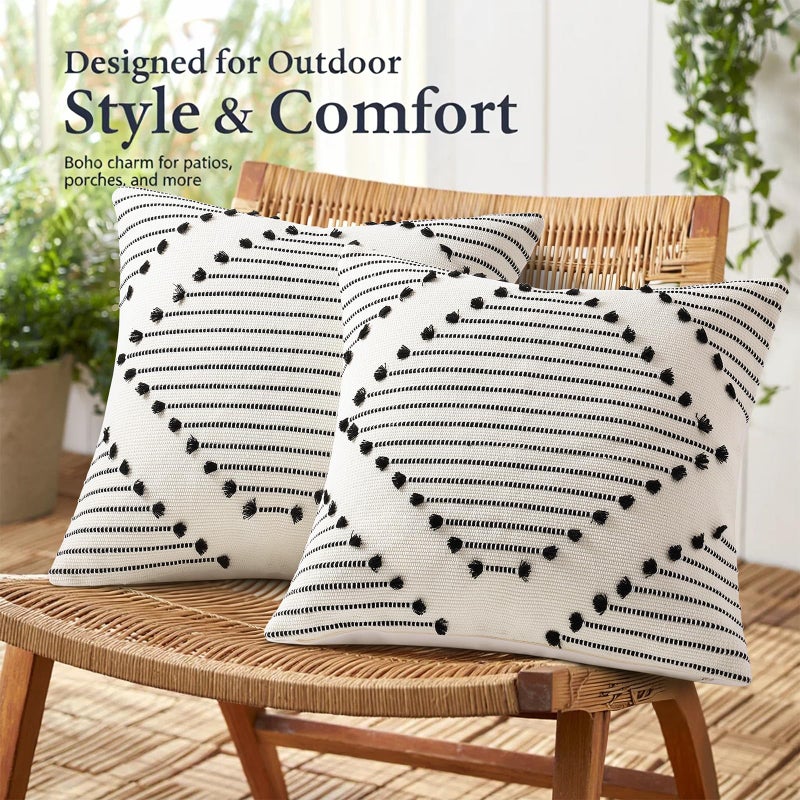 Mecatny Boho Summer Outdoor Throw Pillow Covers 18X18 Set of 2, Farmhouse Decorative Pillow Covers for Couch Sofa Living Room, Black & Cream White - Image 3