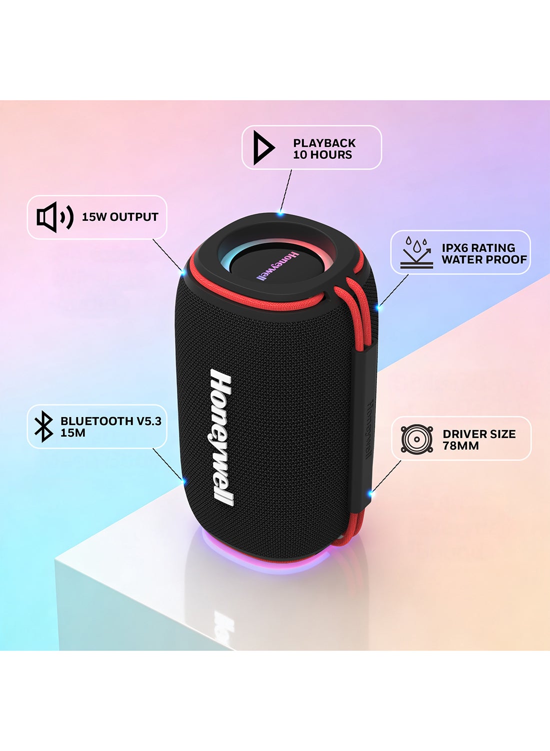 Suono P400 15W 5.3 Bluetooth Speaker,Deep Bass Radiators,10H Playtime,IPX 6,TWS Feature,RGB Lights,SD Card,AUX,Type-C Port,Built-In Mic,78mm Drivers,3Yrs Manufacturer Warranty Black