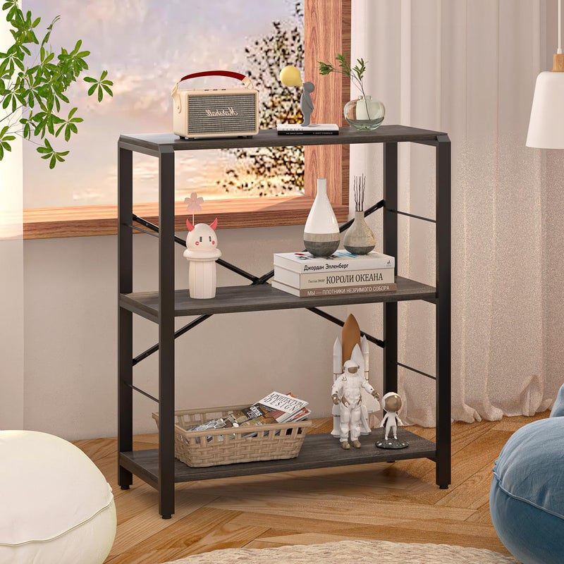 FOLUBAN Industrial Small Bookshelf, 3 Tier Low Short Book Shelf, Metal and Wood Bookcase for Small Spaces, Bedroom Living Room, Dark Gray - Image 2