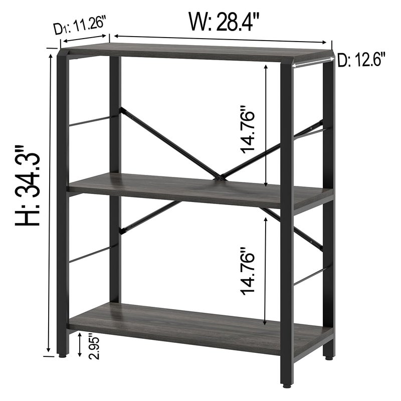 FOLUBAN Industrial Small Bookshelf, 3 Tier Low Short Book Shelf, Metal and Wood Bookcase for Small Spaces, Bedroom Living Room, Dark Gray - Image 3