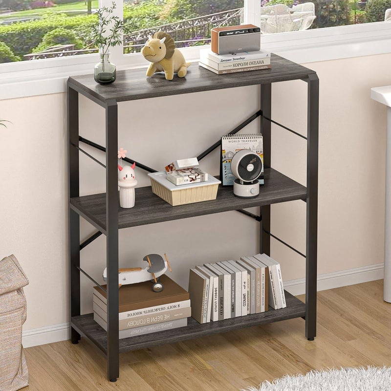FOLUBAN Industrial Small Bookshelf, 3 Tier Low Short Book Shelf, Metal and Wood Bookcase for Small Spaces, Bedroom Living Room, Dark Gray - Image 1