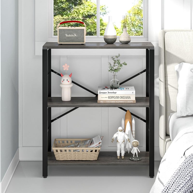 FOLUBAN Industrial Small Bookshelf, 3 Tier Low Short Book Shelf, Metal and Wood Bookcase for Small Spaces, Bedroom Living Room, Dark Gray - Image 5