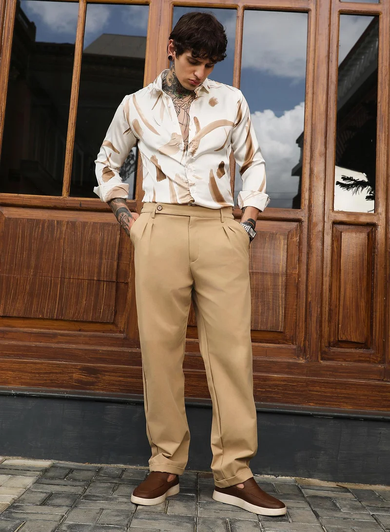 Campus Sutra  Men's Khaki Brown Extended-Waistband Pleated Trousers | Mid-Rise , Cuffed Hem , Button Closure , Tailored -Fit | Solid Plain | Polyester Blend Trouser For Casual Wear for Men | Best Price UAE