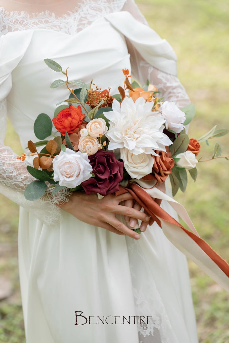 BENCENTRE 10 Inch Terracotta Bridal Bouquet Burnt Orange Wedding Bouquet Bride Bouquets for Wedding Ceremony Anniversary  Party and French Rustic Vintage Wedding Artificial Flowers - Image 3