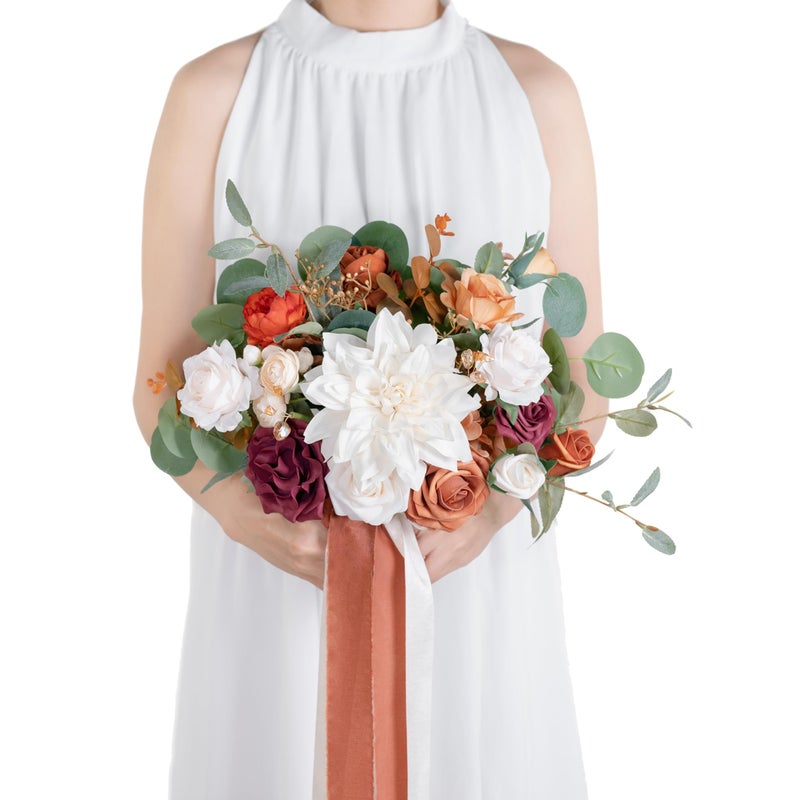 BENCENTRE 10 Inch Terracotta Bridal Bouquet Burnt Orange Wedding Bouquet Bride Bouquets for Wedding Ceremony Anniversary  Party and French Rustic Vintage Wedding Artificial Flowers - Image 1