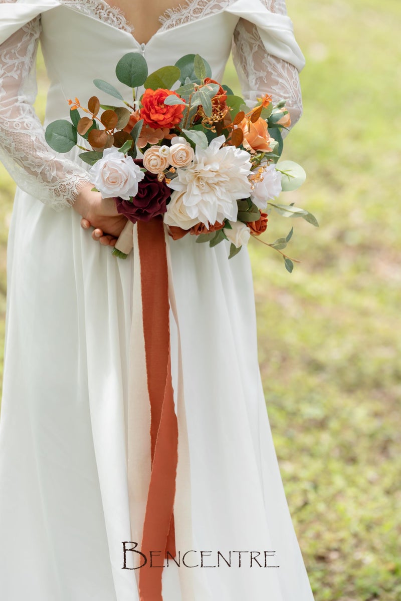BENCENTRE 10 Inch Terracotta Bridal Bouquet Burnt Orange Wedding Bouquet Bride Bouquets for Wedding Ceremony Anniversary  Party and French Rustic Vintage Wedding Artificial Flowers - Image 4