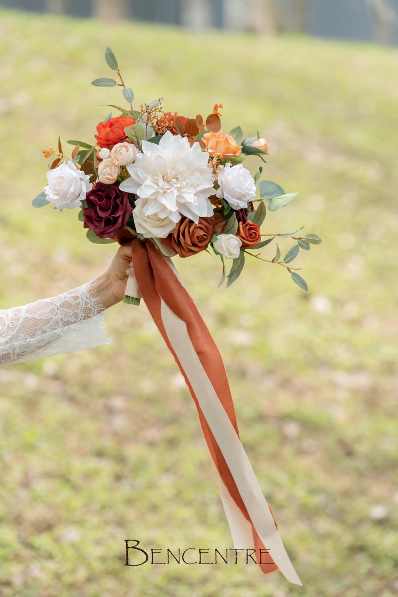 BENCENTRE 10 Inch Terracotta Bridal Bouquet Burnt Orange Wedding Bouquet Bride Bouquets for Wedding Ceremony Anniversary  Party and French Rustic Vintage Wedding Artificial Flowers - Image 5