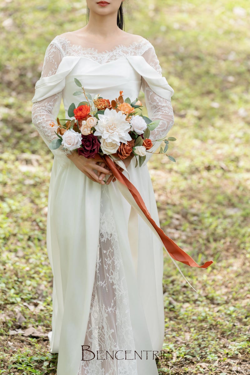 BENCENTRE 10 Inch Terracotta Bridal Bouquet Burnt Orange Wedding Bouquet Bride Bouquets for Wedding Ceremony Anniversary  Party and French Rustic Vintage Wedding Artificial Flowers - Image 2