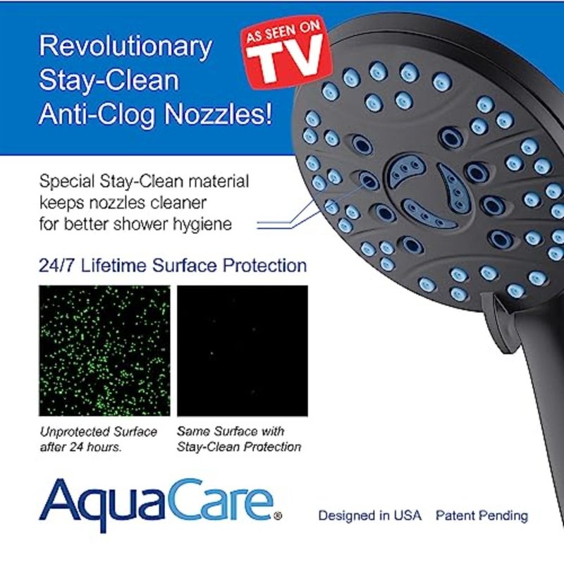 AquaCare High Pressure 8-mode Shower Head Anti-clog Nozzles, Built-in Power Wash to Clean Tub, Tile and Pets, Extra Long 6 ftStainless Steel Hose, Wall and Overhead Brackets, Matte Black - Image 3