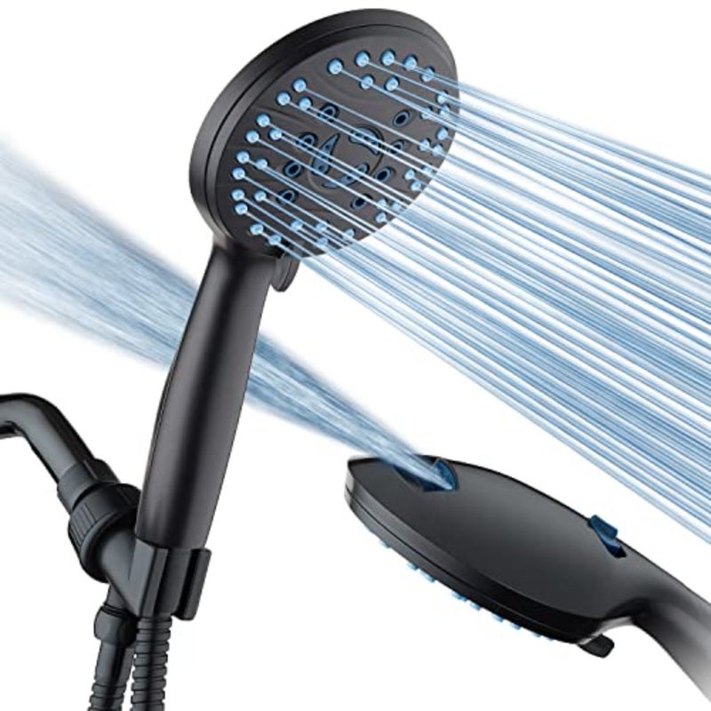 AquaCare High Pressure 8-mode Shower Head Anti-clog Nozzles, Built-in Power Wash to Clean Tub, Tile and Pets, Extra Long 6 ftStainless Steel Hose, Wall and Overhead Brackets, Matte Black - Image 1