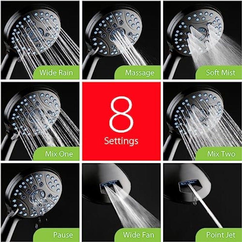 AquaCare High Pressure 8-mode Shower Head Anti-clog Nozzles, Built-in Power Wash to Clean Tub, Tile and Pets, Extra Long 6 ftStainless Steel Hose, Wall and Overhead Brackets, Matte Black - Image 4