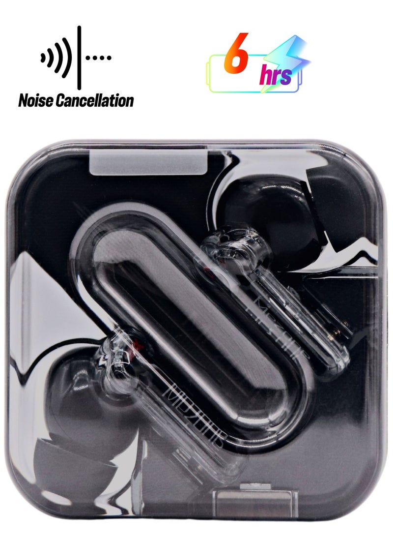 Mezone Quartz Bluetooth Wireless In Ear Earphones with Clear Stereo Sound, ENC for Calls, Touch Control, 12H Playtime Bluetooth 5.3 Earbuds, Transparent Design, Black  - Image 1