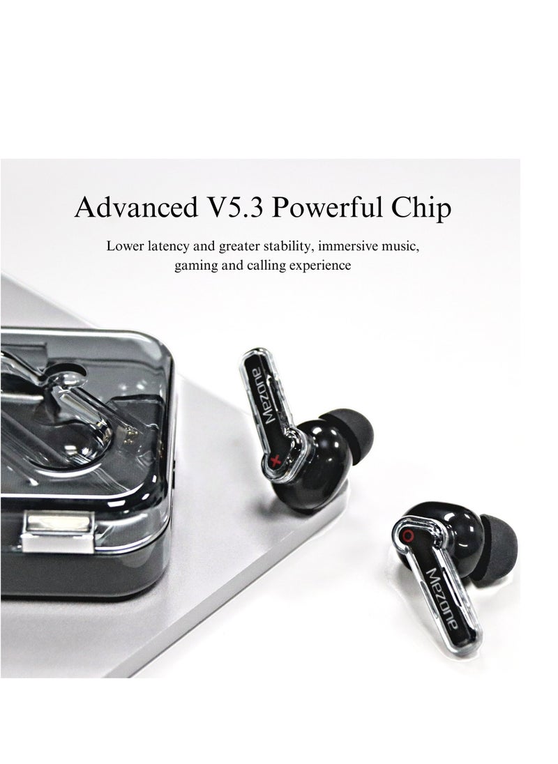 Quartz Bluetooth Wireless In Ear Earphones with Clear Stereo Sound, ENC for Calls, Touch Control, 12H Playtime Bluetooth 5.3 Earbuds, Transparent Design, Black