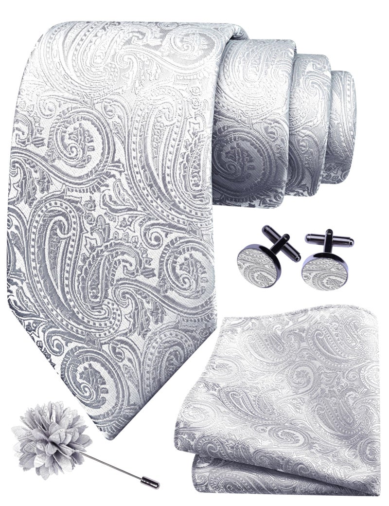 GUSLESON Silver Tie for Men Wedding Silk Paisley Necktie Pocket Square Cufflinks and Lapel Pin Brooch Set (IN6103-39) - Image 1