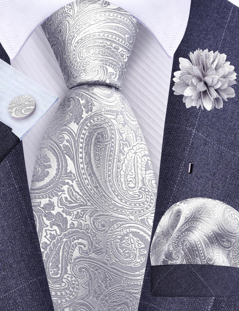 GUSLESON Silver Tie for Men Wedding Silk Paisley Necktie Pocket Square Cufflinks and Lapel Pin Brooch Set (IN6103-39) - Image 2