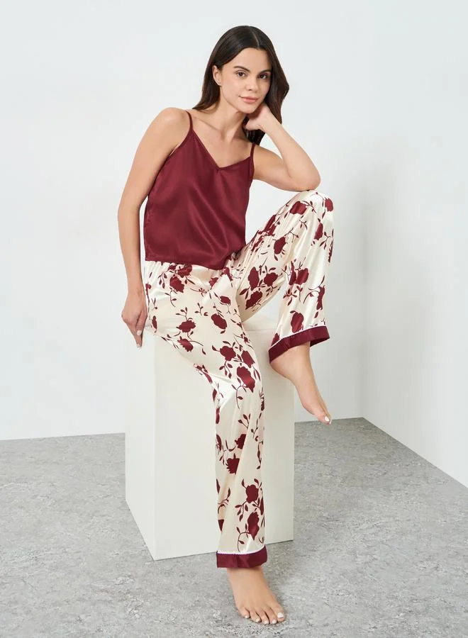 Take Two Burgundy Solid Cami and Floral Print Pyjama Set
