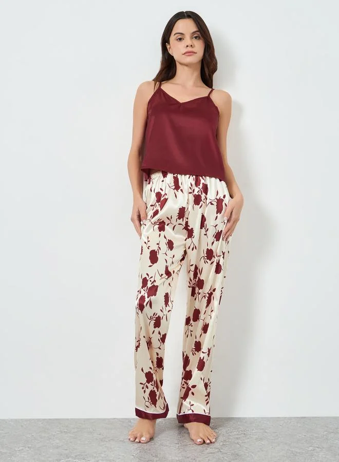 Take Two Burgundy Solid Cami and Floral Print Pyjama Set