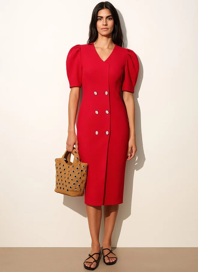 SASSAFRAS Red Puff Sleeve Bodycon Midi Dress for Women