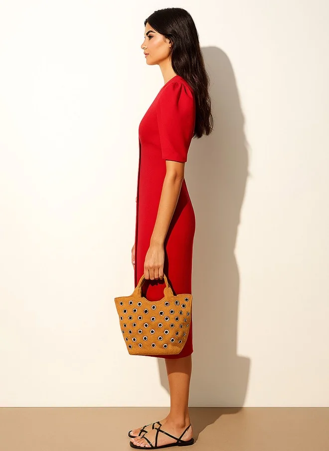SASSAFRAS Red Puff Sleeve Bodycon Midi Dress for Women