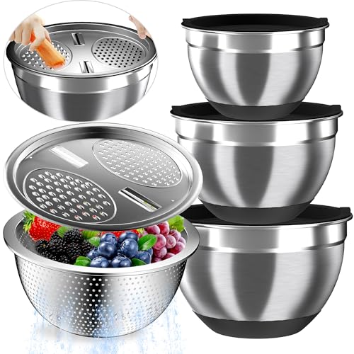 Nicdiet Mixing Bowls with Airtight Lids, Stainless Steel Mixing Bowl Set with 3 Metal Nesting Bowls, Colander & Grater, Non-Slip Bottoms, Size 1.5, 2.5, 5 QT, Great for Mixing & Serving, Black - Image 1
