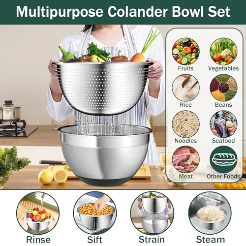 Nicdiet Mixing Bowls with Airtight Lids, Stainless Steel Mixing Bowl Set with 3 Metal Nesting Bowls, Colander & Grater, Non-Slip Bottoms, Size 1.5, 2.5, 5 QT, Great for Mixing & Serving, Black - Image 4