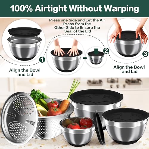Nicdiet Mixing Bowls with Airtight Lids, Stainless Steel Mixing Bowl Set with 3 Metal Nesting Bowls, Colander & Grater, Non-Slip Bottoms, Size 1.5, 2.5, 5 QT, Great for Mixing & Serving, Black - Image 2