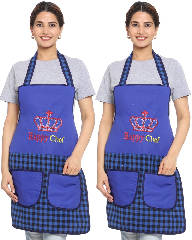 JMi Polyester Happy Chef Embroidered Apron for Women Kitchen Waterproof, Free Size, Double Pocket .Apron Bibs (Free, DARK BLUE, 2) - Image 1
