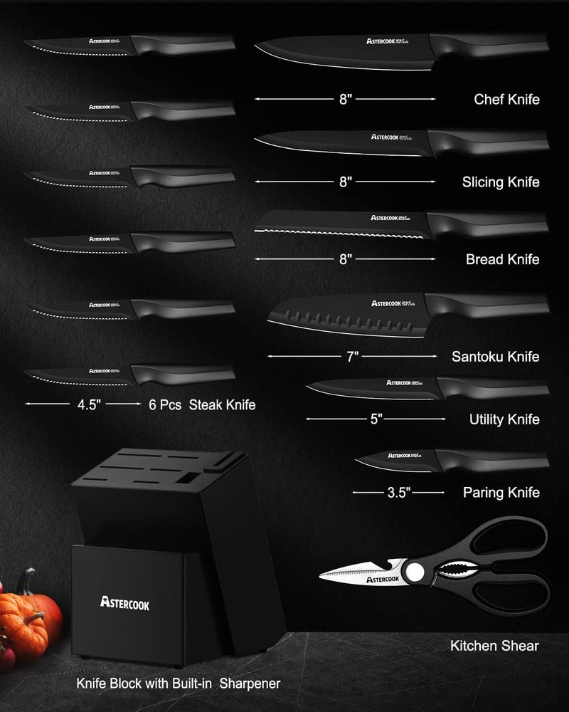 Astercook Knife Set, Kitchen Knife Set with Built-in Sharpener Block, Dishwasher Safe, 15 Pieces German Stainless Steel Knife Block Set, Black - Image 2