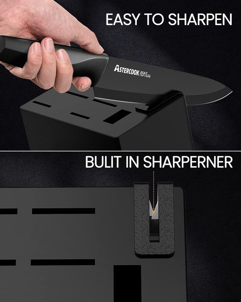 Astercook Knife Set, Kitchen Knife Set with Built-in Sharpener Block, Dishwasher Safe, 15 Pieces German Stainless Steel Knife Block Set, Black - Image 4