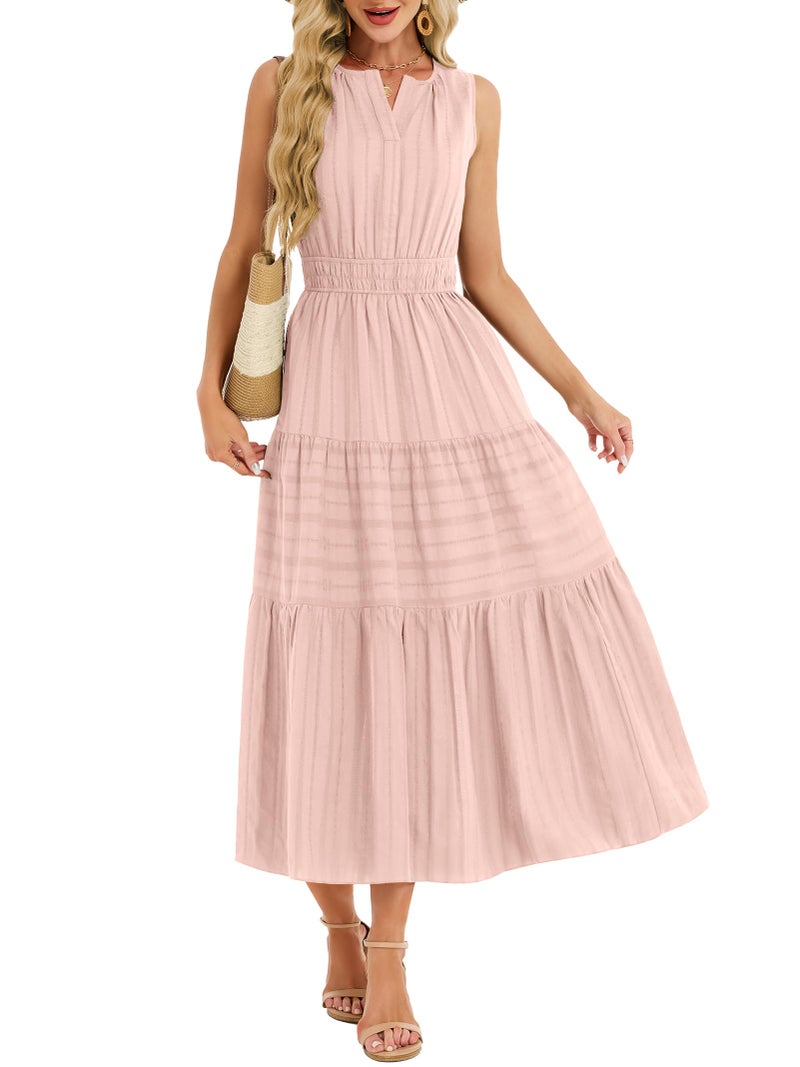 Funlingo Midi Dresses for Women Spring Pink Lightweight Elastic Waist V Neck Cocktail Dress Tiered Cotton Professional Dresses for Church Work Holidays Wedding 2XL - Image 5