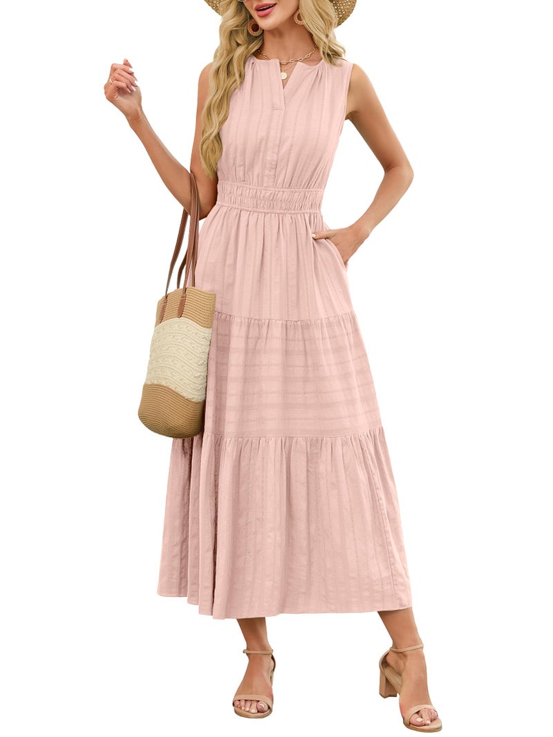 Funlingo Midi Dresses for Women Spring Pink Lightweight Elastic Waist V Neck Cocktail Dress Tiered Cotton Professional Dresses for Church Work Holidays Wedding 2XL - Image 2