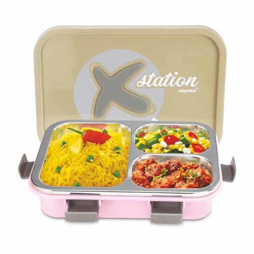 Nayasa X-Station Lunch Box | 750 ml | Stainless Steel Inner | Leakproof | Durable | Perfect for School Kids | 22.2 cm X 16.2 cm X 5.6 cm | Grey & Pink - Image 1