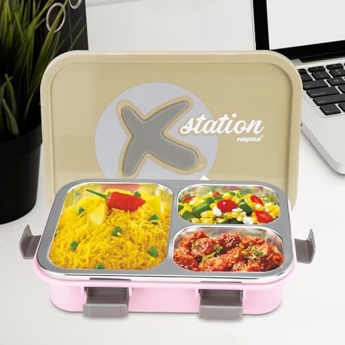 Nayasa X-Station Lunch Box | 750 ml | Stainless Steel Inner | Leakproof | Durable | Perfect for School Kids | 22.2 cm X 16.2 cm X 5.6 cm | Grey & Pink - Image 5